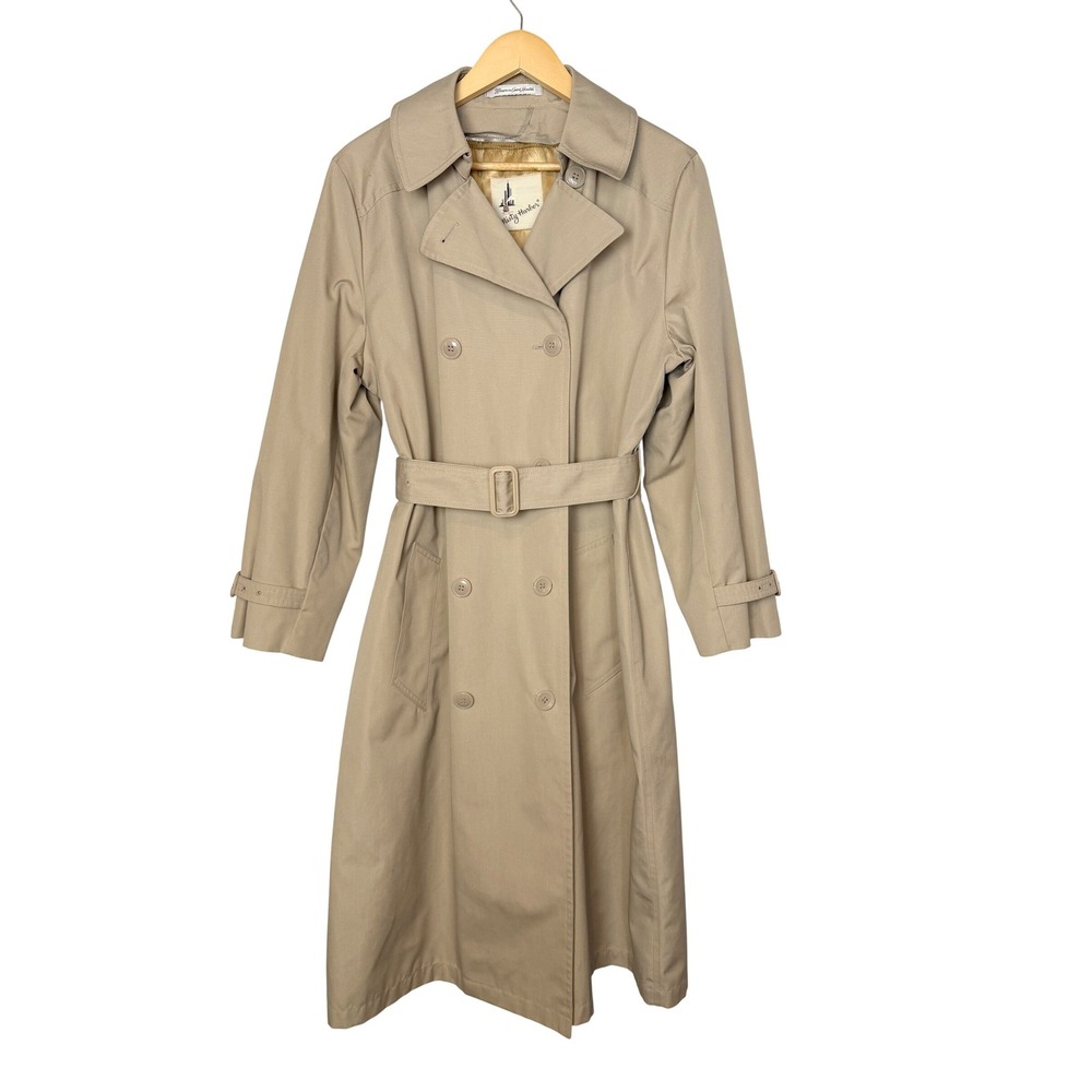 VTG Misty Harbor Trench Coat Tan w/ Removable Wool Blend Liner Sz 16 Dbl Breast